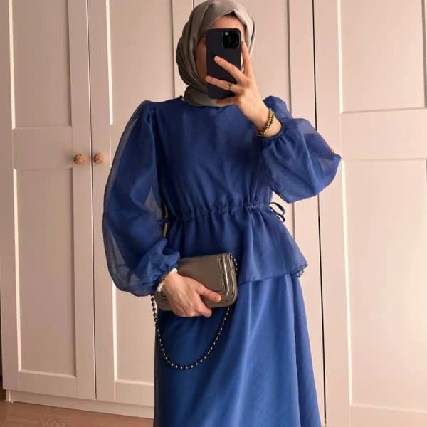 Manolya Organze Kumaş Elbise Lacivert