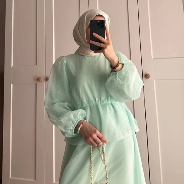 Manolya Organze Kumaş Elbise Su Yeşili