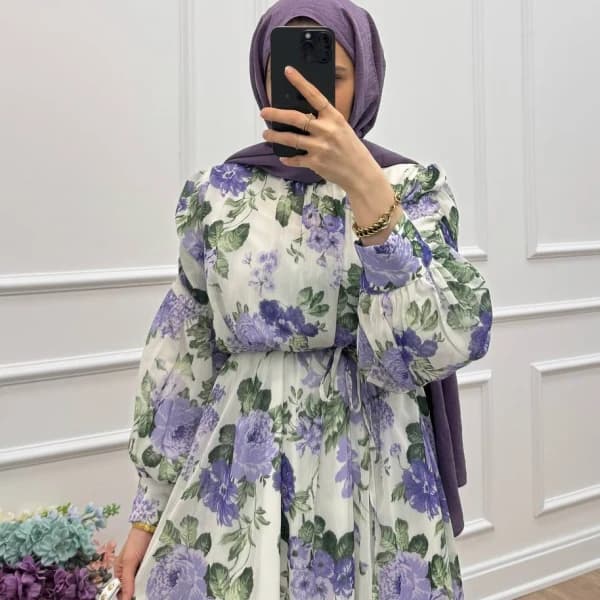 Lavinia Çiçek Desenli Şifon Elbise - Menekşe