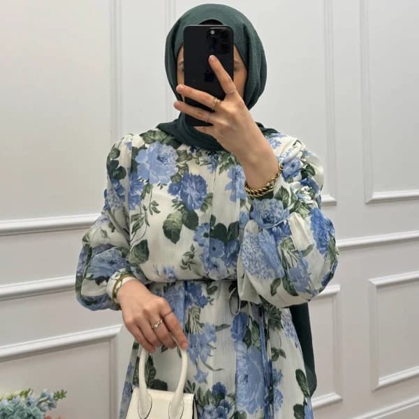 Lavinia Çiçek Desenli Şifon Elbise - Mavi