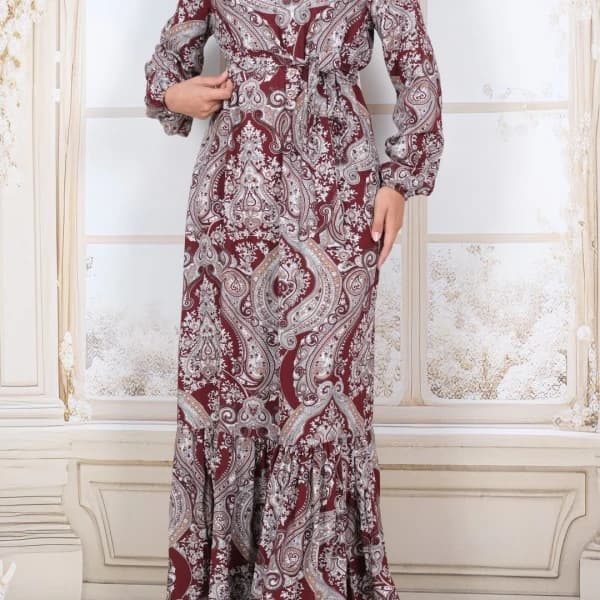 Etnik Desenli Tesettür Elbise Viskon Kumaş - Bordo