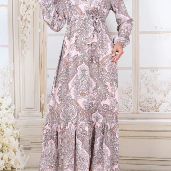 Etnik Desenli Tesettür Elbise Viskon Kumaş - Pembe