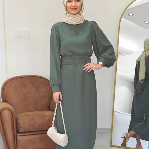 Narin Krep Tesettür Elbise - Çağla Rengi