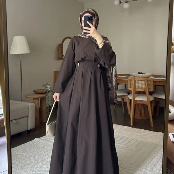 Wendy Poplin Kumaş Elbise - Acı Kahve