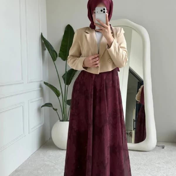 Desenli Şifon Etek - Bordo