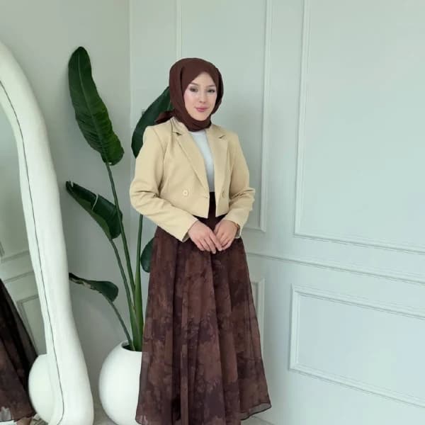 Desenli Şifon Etek - Kahverengi