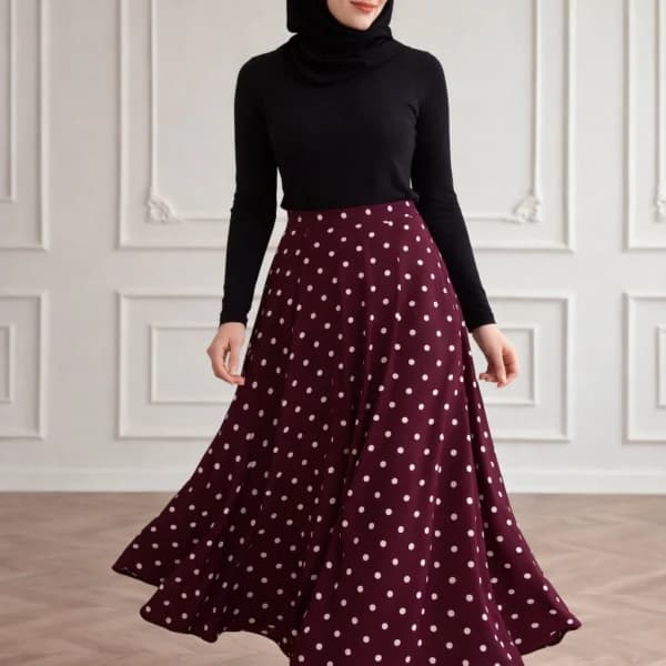 Popy Puantiyeli Şifon Etek - Mürdüm