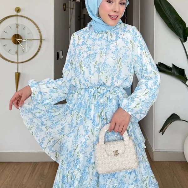 Mimoza Şifon Elbise - Mavi